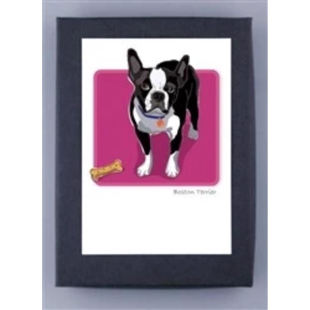 PAPER RUSSELLS - BOSTON TERRIER NOTE CARDS by PAPER RUSSELLS feature a black and white Boston Terrier on a pink background with a dog bone, "Boston Terrier" text below. Printed on recycled paper cards, made in the USA.