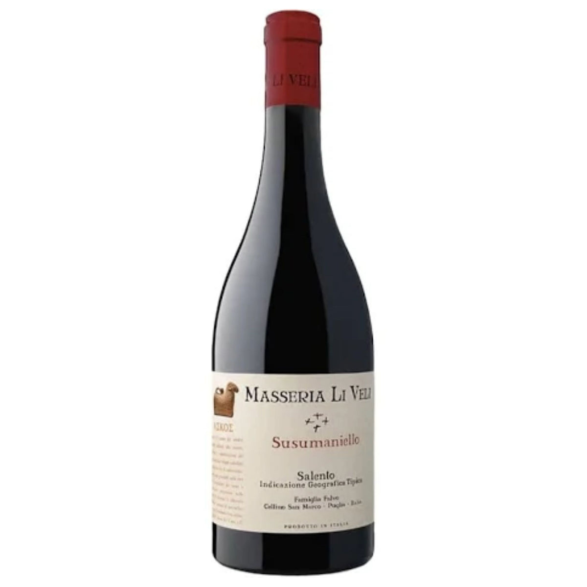A bottle of MASSERIA LI VELI SUSUMANIELLO 2023 by WINEBOW, crafted from distinguished Puglian grape varieties, with a red foil top and a cream-colored label featuring black and red text, set against a plain white background.