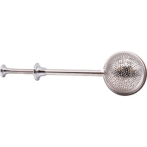 The STEEPER by THE CHAI BOX is a stainless steel, sphere-shaped infuser with fine perforations and a long handle—ideal for brewing loose leaf teas or infusing spices and fruits into your drinks.