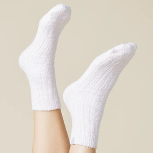 SOFTIES Marshmallow Crew Socks in Heather Blush Pink are laid flat on a beige background. These fuzzy, cozy socks from SOFTIES look plush and comfortable, perfect for ultimate softness and warmth.