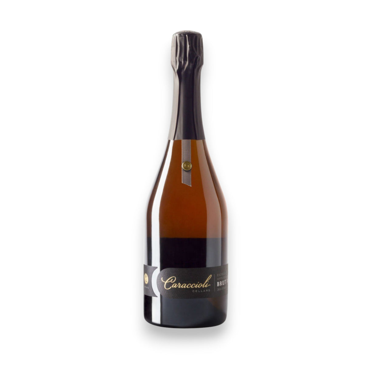 A bottle of Caraccioli Brut Rosé 2017 by Wine: Kellogg Selections, featuring a black foil-wrapped neck and dark label, crafted from Chardonnay and Pinot Noir, on a white background.