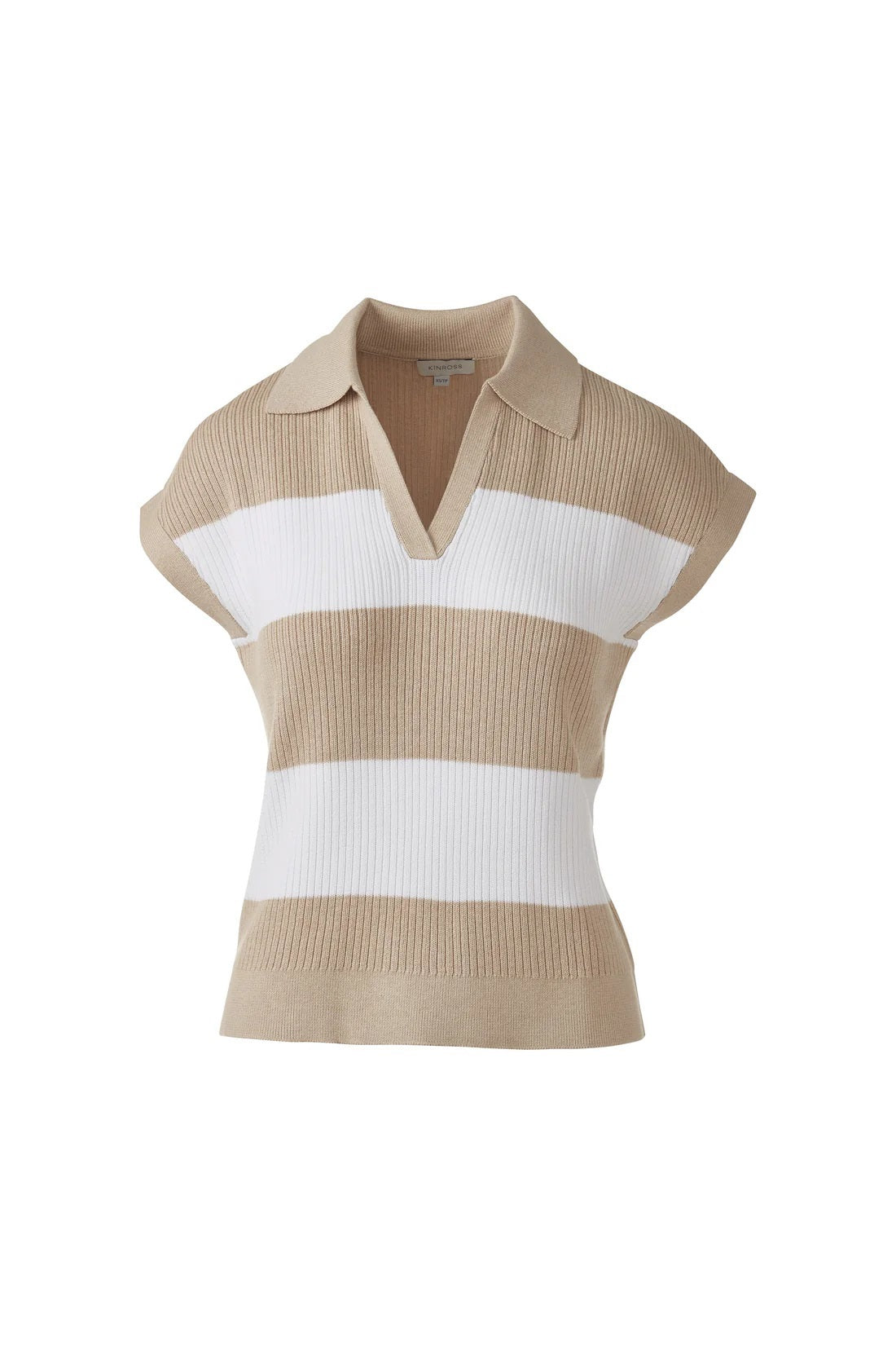 The KINROSS RIB SPLITNECK COTTON POLO in white/straw features wide horizontal stripes, a V-neck collar, short sleeves, and a relaxed fit. Made from SuperSoft cotton for comfort and style.