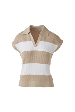 The KINROSS RIB SPLITNECK COTTON POLO in white/straw features wide horizontal stripes, a V-neck collar, short sleeves, and a relaxed fit. Made from SuperSoft cotton for comfort and style.