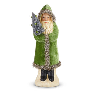 The OLD WORLD GREEN VELVET SANTA 12" by RAZ IMPORTS features Santa in a green velvet coat and hat with tinsel, holding a decorated tree on a beige base—an ideal festive accent for your home.