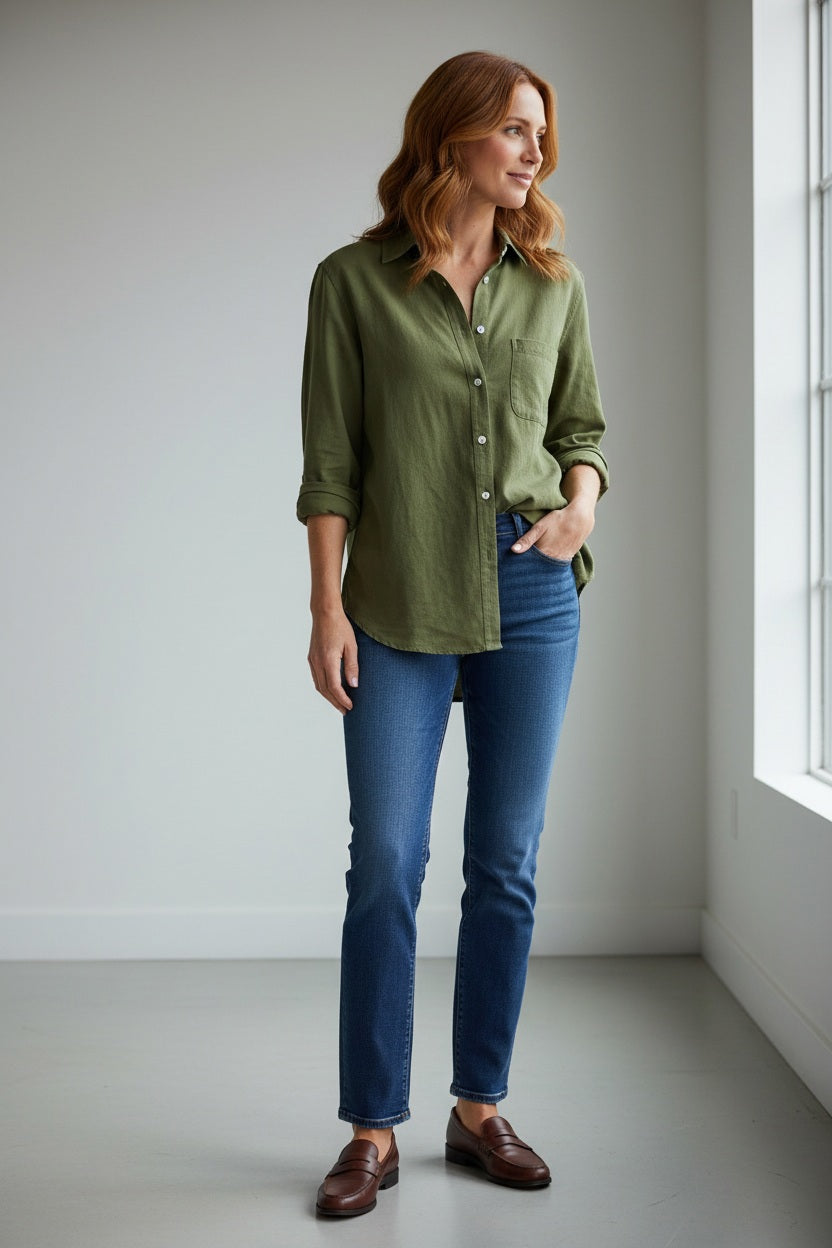 A woman with long brown hair stands outdoors, smiling slightly at the camera while wearing the FRANK &amp; EILEEN Waverly Button Up Tee in Vintage Jersey Nori and blue jeans. In the background, there are plants and a building.