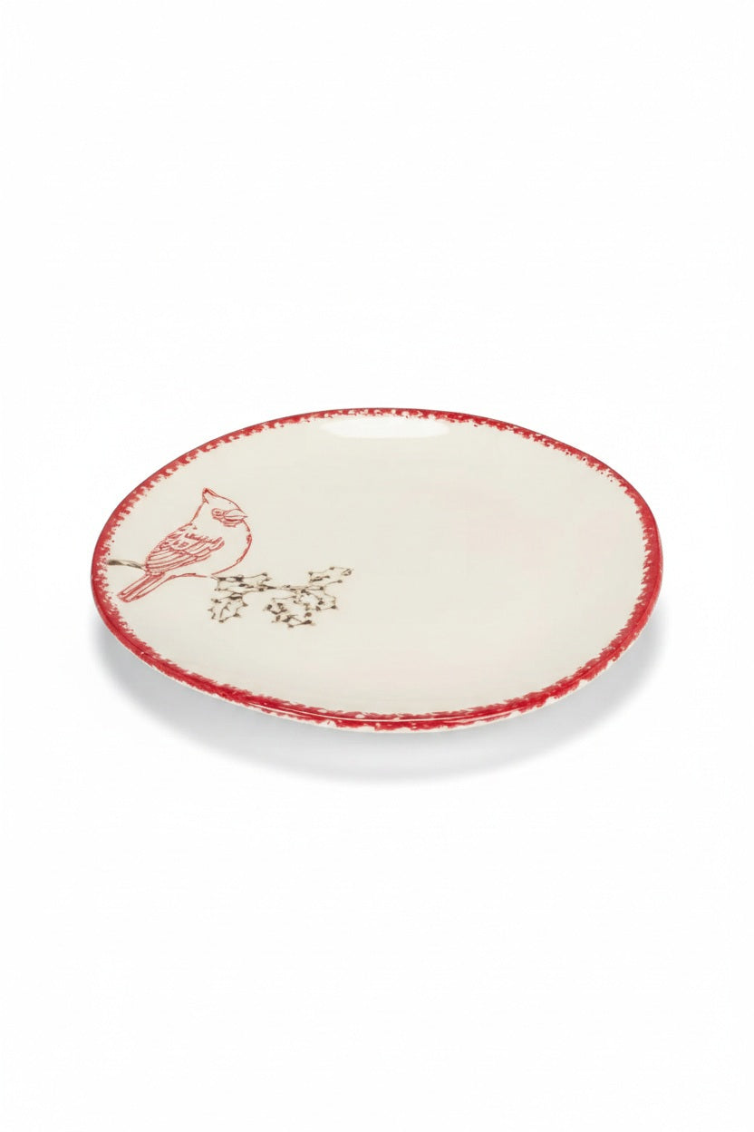 ABBOTT CARDINAL STAMP PLATE, a cream-colored stoneware plate featuring a red cardinal perched on a branch, with a decorative red trim along the edge.
