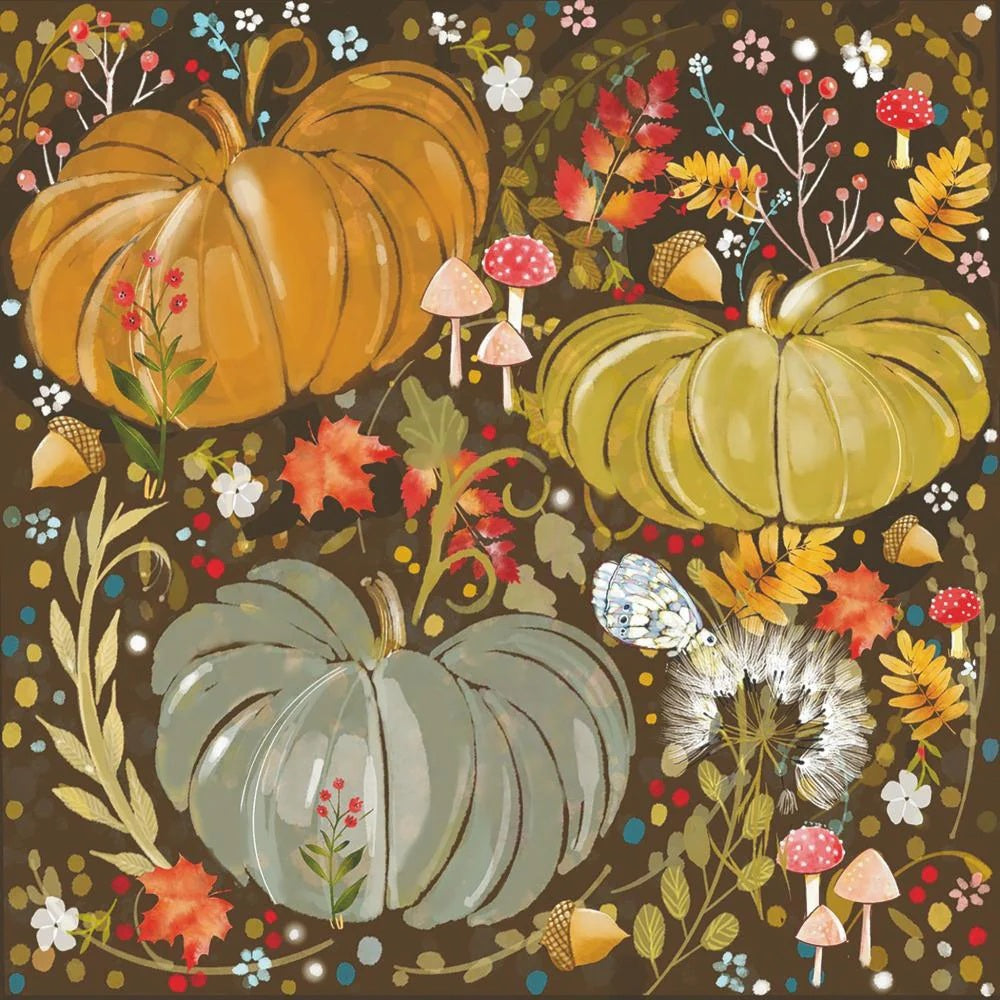 The PUMPKIN AURELIA BEVERAGE NAPKINS by PAPER PRODUCTS DESIGN feature three large pumpkins—orange, green, and blue—surrounded by vibrant autumn leaves, mushrooms, acorns, flowers, and foliage on a dark background for a festive fall look. This delightful design is printed on high-quality 3-ply paper beverage napkins made in Germany.