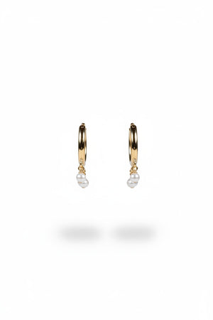 GOLDISH - FRINGE HOOP EARRINGS WITH WHITE PEARLS by GOLDISH: small gold fill hoops featuring three dangling white pearl charms, shown on a plain white background.