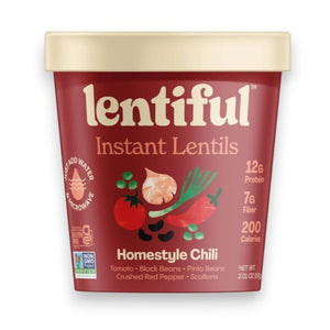 A green container of LENTIFUL - HOMESTYLE CHILI LENTILS with a dark green lid. The label features illustrations of green peppers, cilantro, and a beet. It highlights nutritional information: 12g protein, 7g fiber, 200 calories. Flavor: Mexican Green Chile, 2.65 oz. Shelf-stable for convenience.