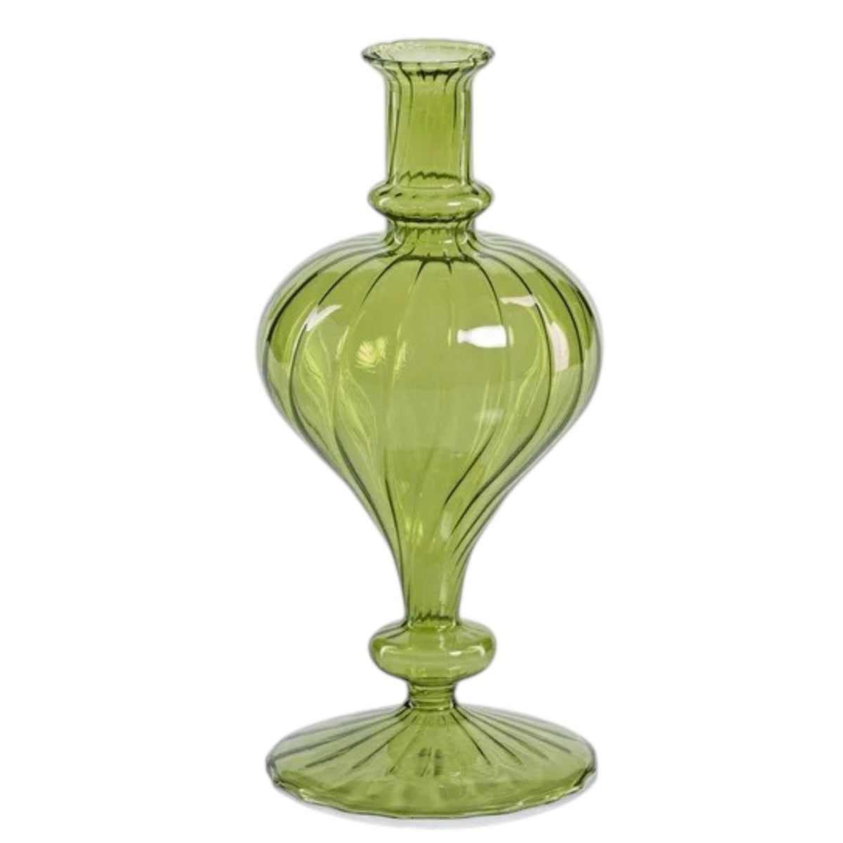 Five green glass vases, including the VENETIAN SPIRAL VASE IN GREEN TURNIP SHAPE by ZODAX and a decorative vase, each with unique shapes and textures, are arranged on a reflective gold tray. Two of the vases are adorned with decorative red berry branches. The softly lit background remains neutral.