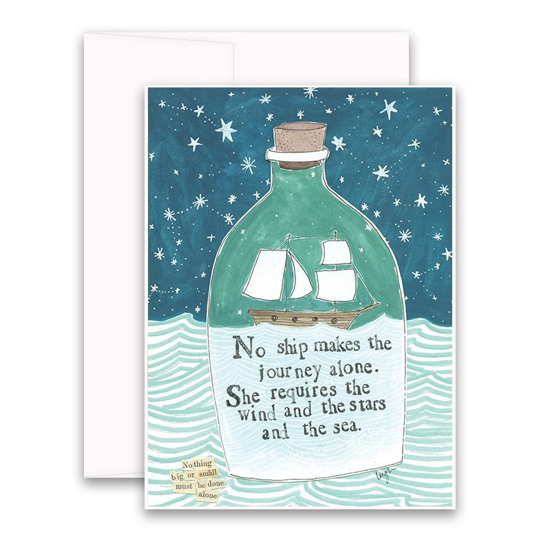 The JOURNEY ALONE card by CURLY GIRL DESIGN, INC. features a nighttime ocean collage art scene with a ship in a bottle. The card displays the text, "No ship makes the journey alone. She requires the wind and the stars and the sea." Stars fill the background while waves surround the bottle.