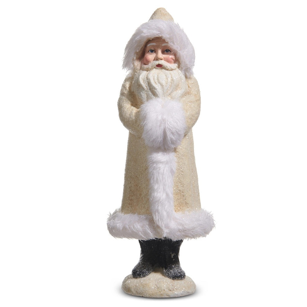 The IVORY OLD WORLD SANTA 11&quot; by RAZ IMPORTS is a charming polyresin statue of Santa in a cream coat with white trim and black boots—perfect for festive home decor.