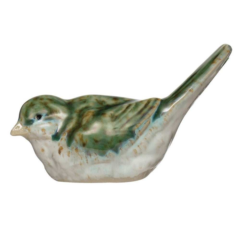 Add a charming touch to your home décor with the STONEWARE BIRD set from CREATIVE COOP—two small figurines in green and white reactive glaze, one upright and one leaning, perfect as stylish accents.