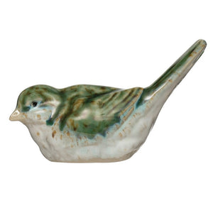 Add a charming touch to your home décor with the STONEWARE BIRD set from CREATIVE COOP—two small figurines in green and white reactive glaze, one upright and one leaning, perfect as stylish accents.