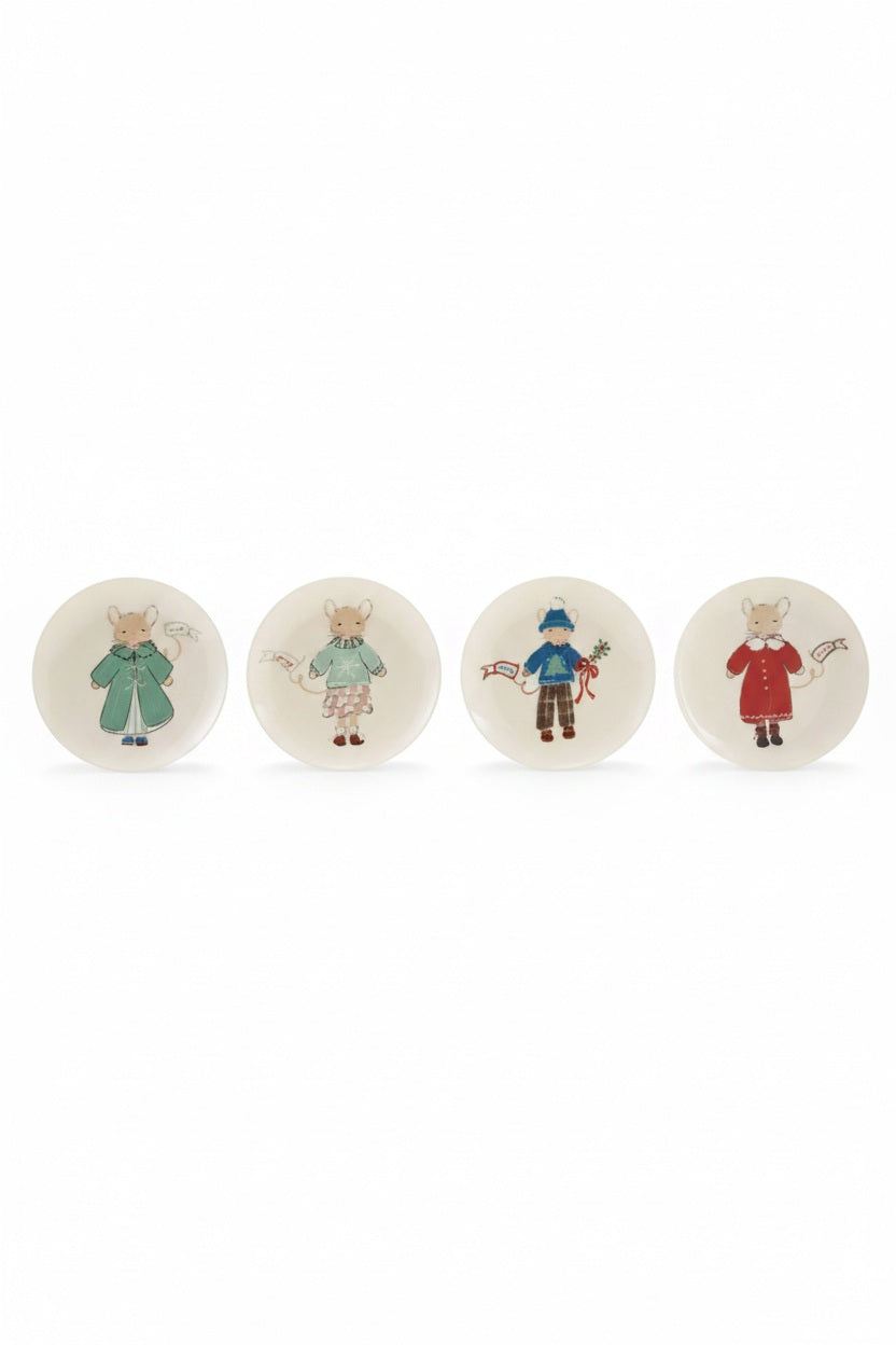 Four whimsical stoneware HOLIDAY PLATE WITH MOUSE plates, each featuring an illustration of a mouse wearing different festive winter clothing.