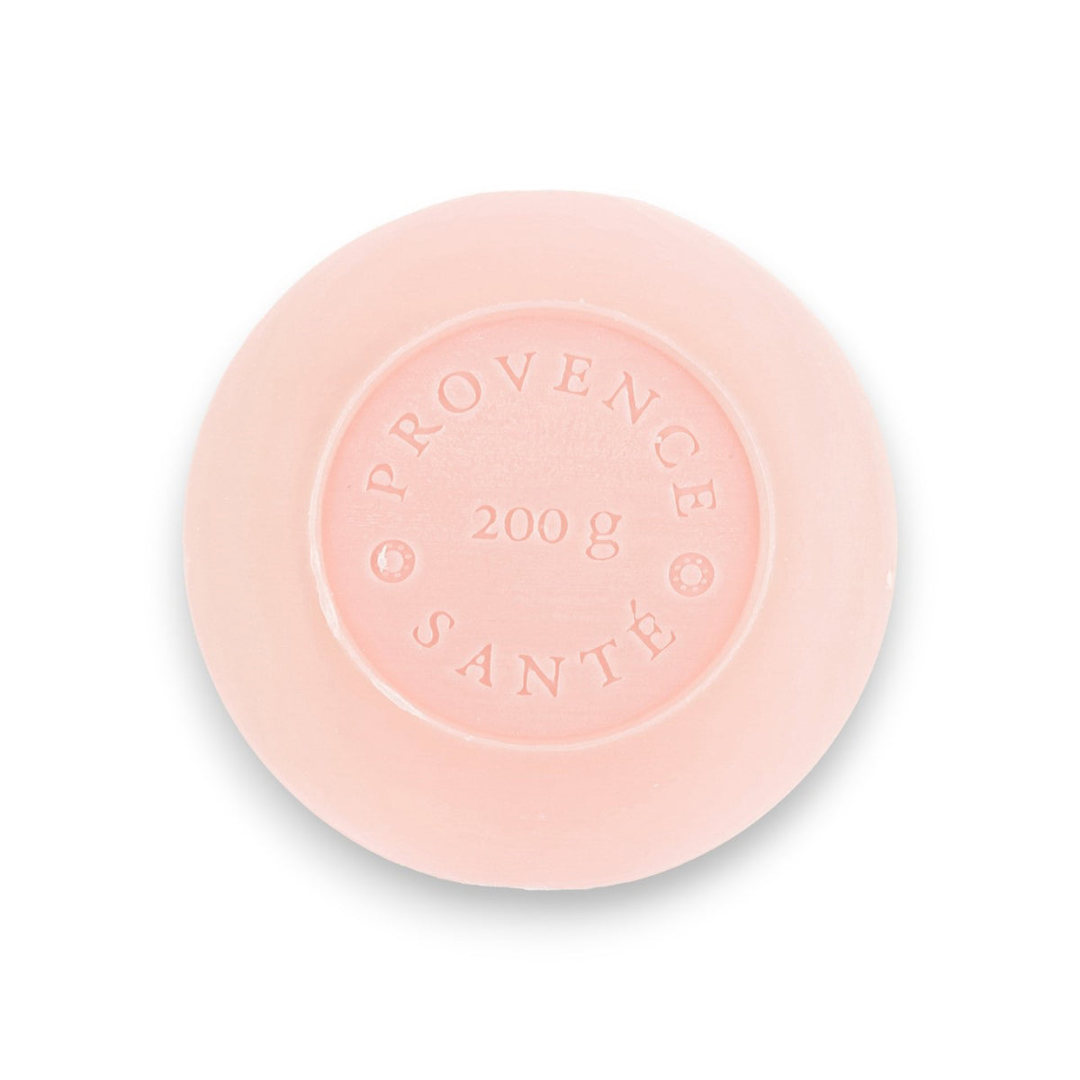 A round, pale pink bar of French-milled soap from Baudelaire, embossed with &quot;Provence Santé&quot; and &quot;200 g&quot;, infused with the essence of wild rose. This luxurious bath bar is part of the Baudelaire Wild Rose collection and comes in a 7 oz boxed presentation.