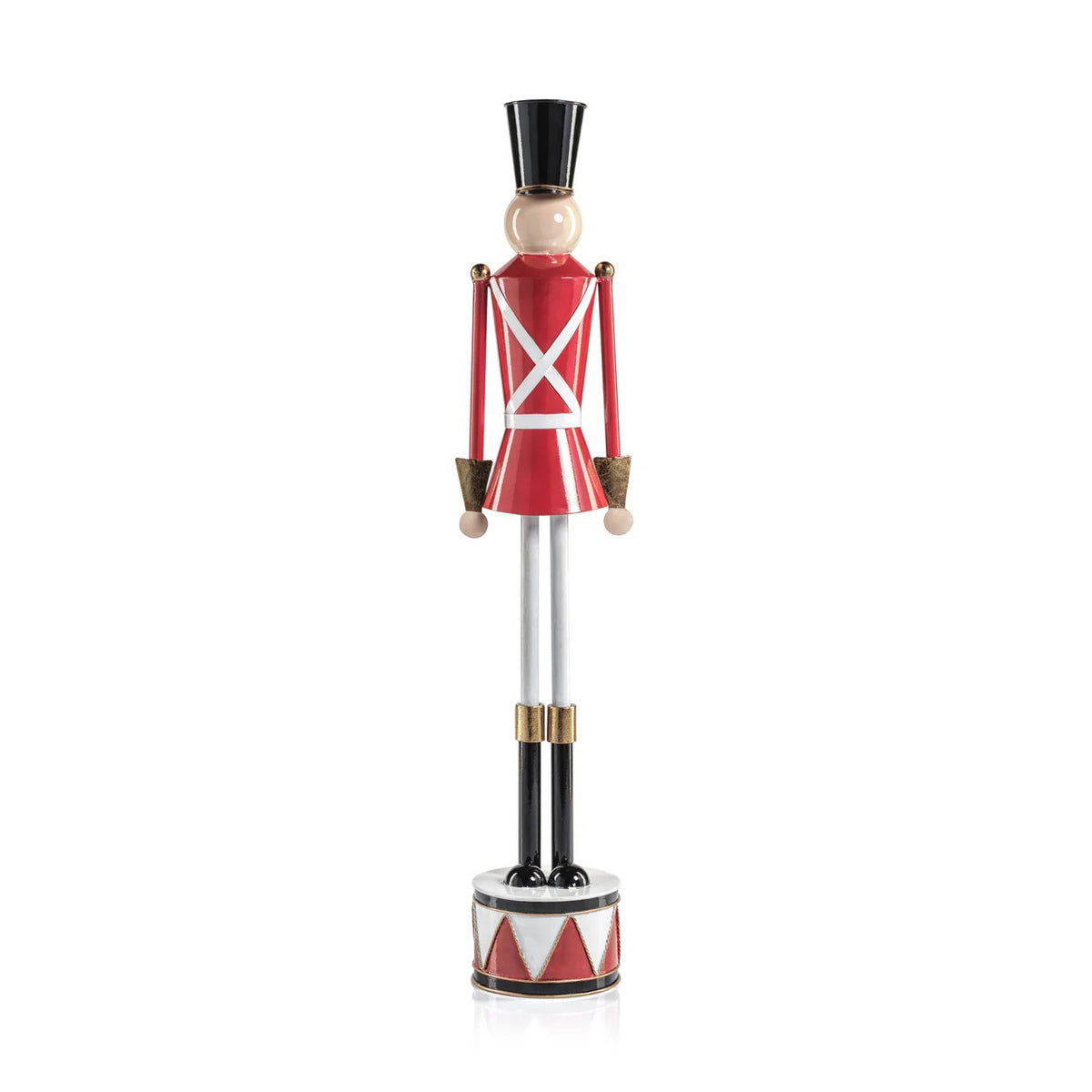 The ZODAX ALLOY FESTIVE DECORATIVE SOLDIER - TALL features a classic nutcracker style with alloy accents, a red coat, white straps, gold details, and stands upright on a small drum base for a modern festive touch.
