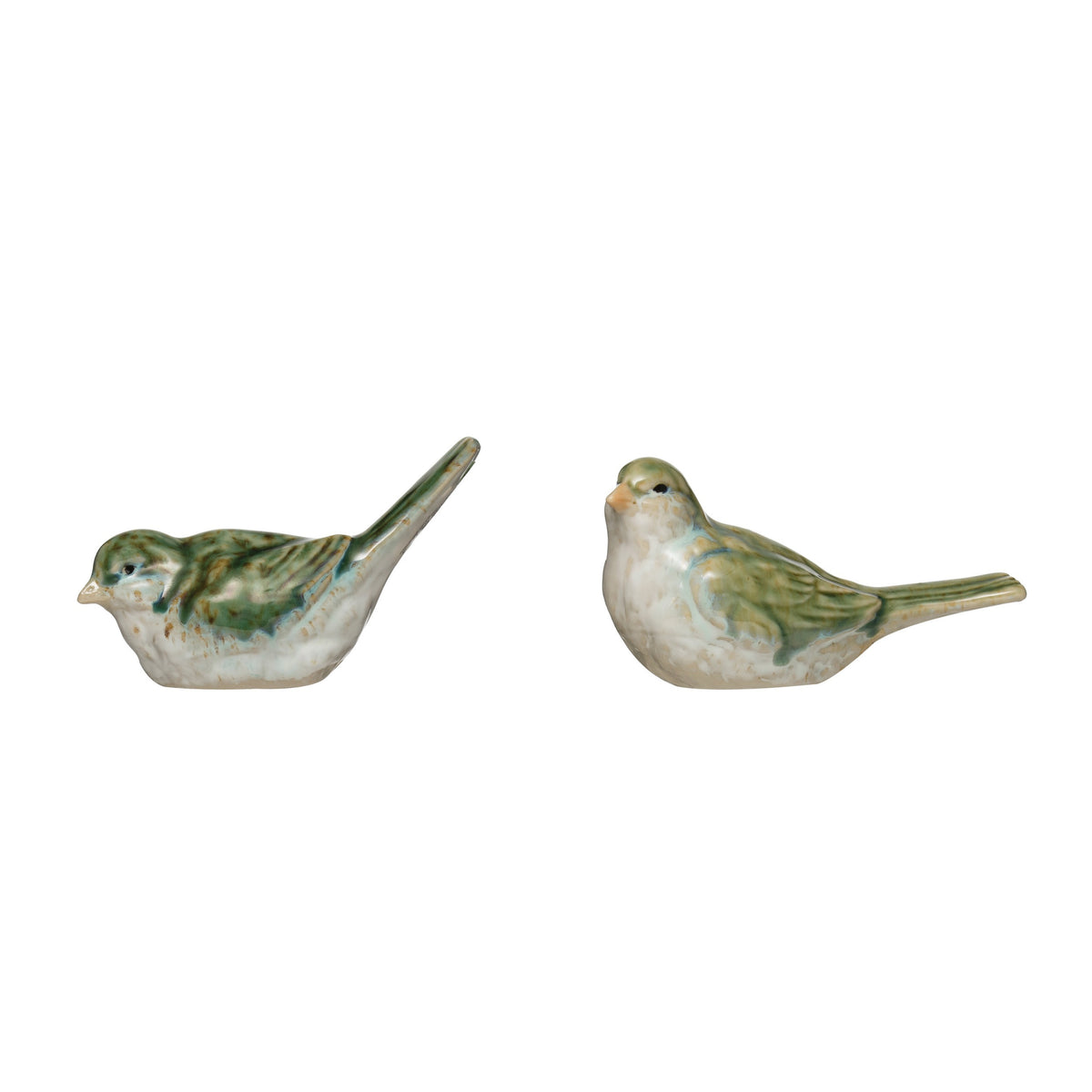Add a charming touch to your home décor with the STONEWARE BIRD set from CREATIVE COOP—two small figurines in green and white reactive glaze, one upright and one leaning, perfect as stylish accents.
