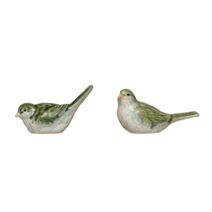 Add a charming touch to your home décor with the STONEWARE BIRD set from CREATIVE COOP—two small figurines in green and white reactive glaze, one upright and one leaning, perfect as stylish accents.