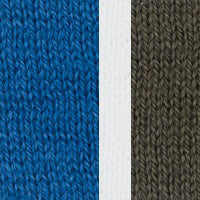 Close-up of three vertical knit panels—sapphire blue, a slim white stripe, and olive green—reveals the rich ribbed texture and premium quality of the KINROSS CASHMERE Colorplay Rib Vee Neck Sweater, a versatile essential by KINROSS.