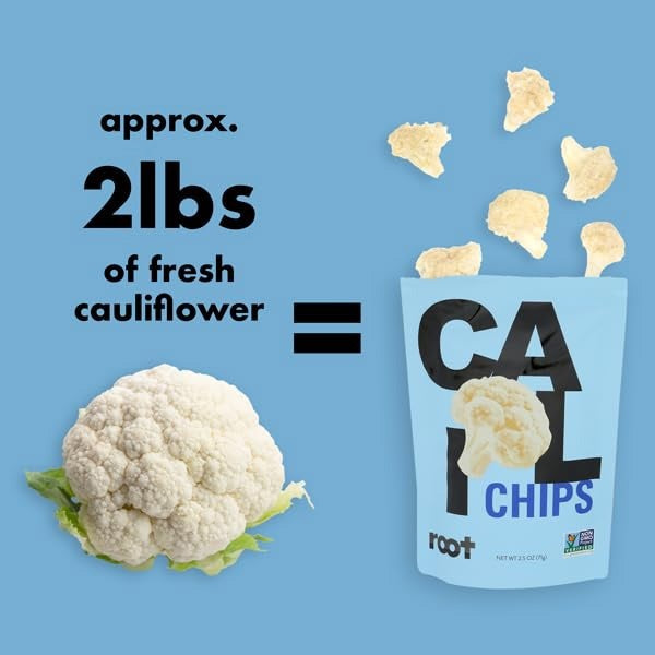 Here’s a rewritten version using your product data: Nutrition label for ROOT FOODS - CAULIFLOWER CHIPS, showing images of cauliflower and the phrases “Eat Plants!” and “approx. 2 lbs of fresh cauliflower = 1 bag of CA chips.” Made with simple ingredients—cauliflower, avocado oil, sea salt, and tapioca starch—these healthy ROOT FOODS veggie chips are a delicious snack for anyone craving flavorful plant-based chips.