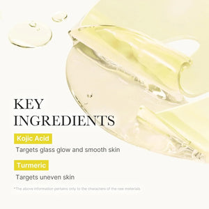 A woman wears the MEDICUBE - KOJIC ACID TURMERIC BRIGHTENING GEL MASK by KOSMIC KBEAUTY SKINCARE on one half of her face in its original gold jelly form, while the other half reveals the mask after it has turned transparent. Text highlights this Korean skincare treatment, infused with kojic acid and turmeric, which absorbs over 3-4 hours and transforms from gold to clear for a radiant, brightening effect.