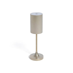 The ZODAX REED RECHARGEABLE LAMP is a modern, gold-colored table lamp with a cylindrical, vertically ribbed shade and a sleek, straight stem on a round base. It features adjustable light intensity and is shown against a white background.