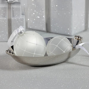 The ZODAX POLISHED NICKEL SERVING BOWL is a shiny, oval-shaped silver decorative bowl featuring two polished nickel round handles on opposite sides, displayed against a white background.