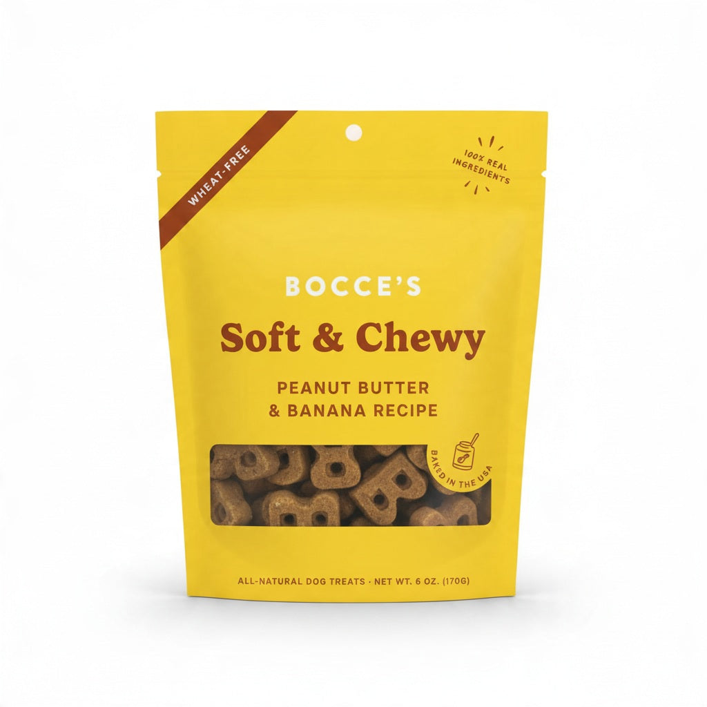 Yellow bag of BOCCE’S BAKERY - PB AND BANANA SOFT AND CHEWY TREATS with a clear window showing bone-shaped treats baked in the USA.