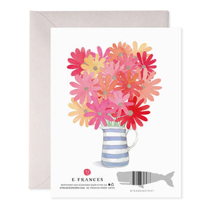 E. FRANCES PAPER's handcrafted GET WELL FLOWERS GREETING CARD features a watercolor bouquet of daisies in pink, red, and orange in a blue and white striped vase. The card has "Get Well" with subtle foil accents on the front and comes with an envelope.