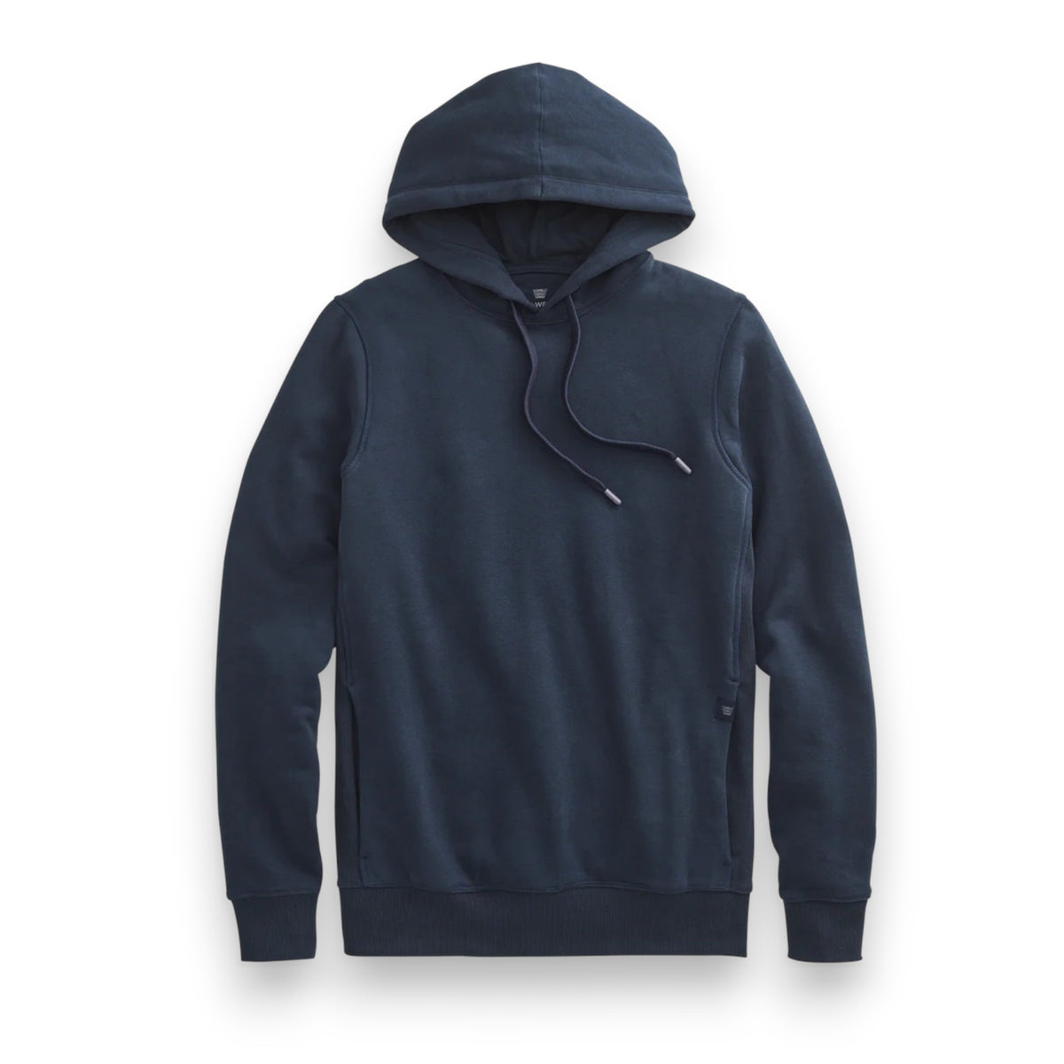 The MACK WELDON ACE Pullover Hooded Sweatshirt in navy blue, made from French terry, features a front pocket, drawstrings, and a streamlined fit. Shown laid flat on a white background.