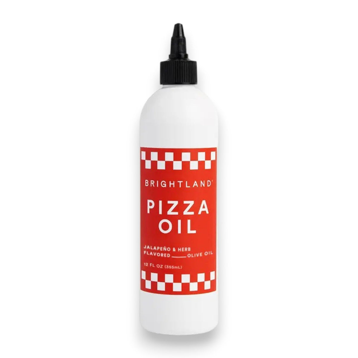 A white bottle features a red label that reads "BRIGHTLAND - PIZZA OIL." The label emphasizes the "Jalapeño &amp; Herb Flavored Olive Oil," highlighting an herbaceous essence. The bottle has a black cap and is displayed against a plain white background.