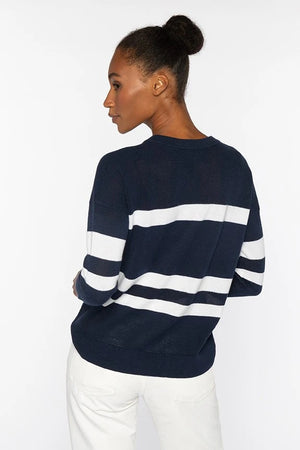 The KINROSS CASHMERE Mesh Stripe Crew Neck Cotton Sweater features navy blue with white horizontal stripes, a crew neckline, and long sleeves. Made from a soft cotton-cashmere blend, displayed on a plain white background.