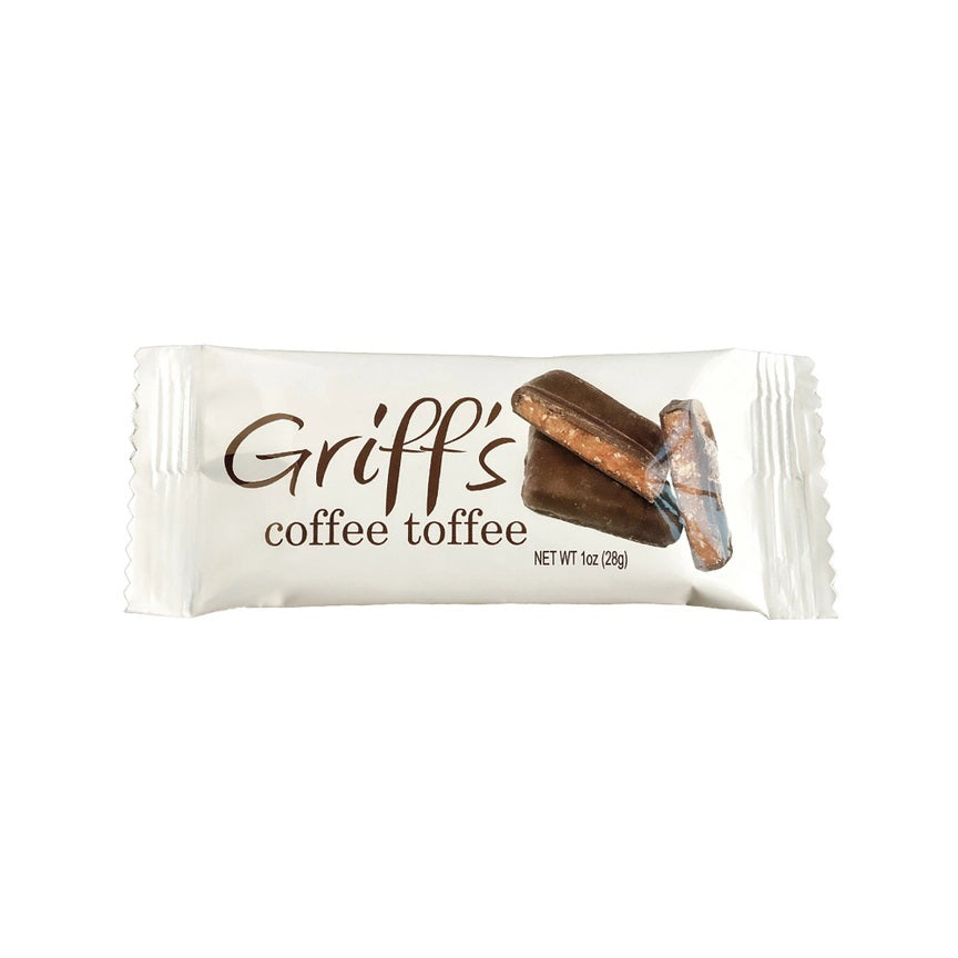 A white wrapper labeled "GRIFF'S TOFFEE - COFFEE 1OZ" by GRIFFS TOFFEE, featuring two dark chocolate-covered toffee pieces. Gluten free. Net weight: 1 oz (28g).