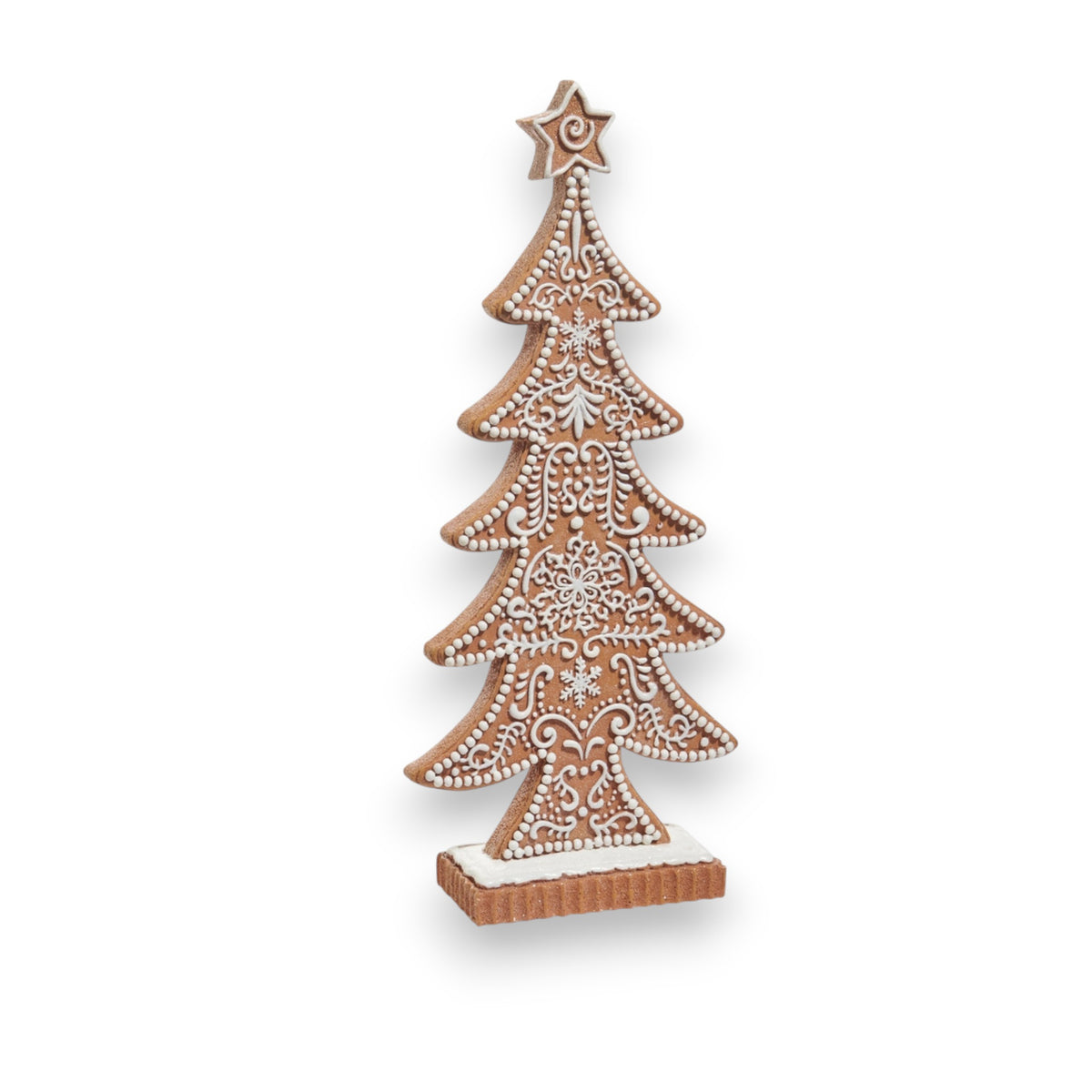 The GINGERBREAD TREE - LARGE by RAZ IMPORTS is a festive cookie shaped like a Christmas tree, adorned with white icing details and a star, and stands upright on a small base as a decorative holiday sculpture.