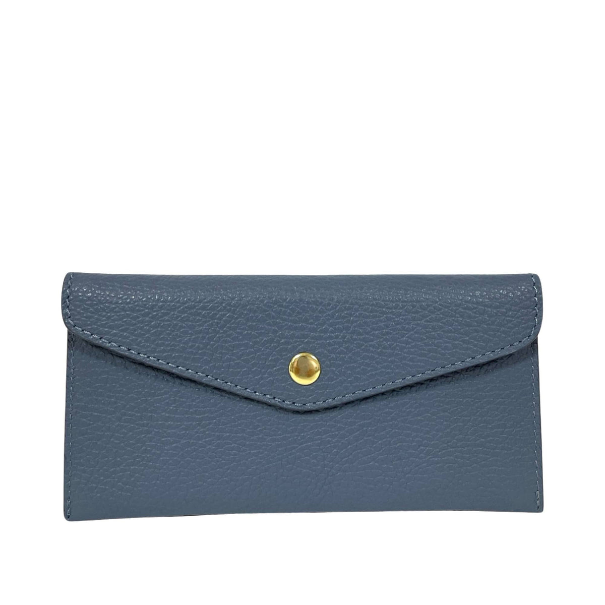 The LE BORSETTE LEATHER ENVELOPE STYLE WALLET, made from premium blue Italian textured leather with a gold snap button closure, is displayed against a white background.