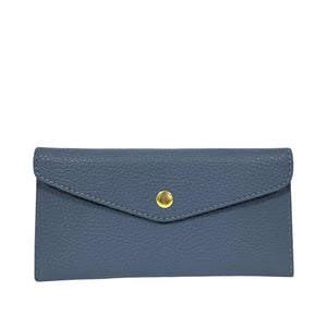 The LE BORSETTE LEATHER ENVELOPE STYLE WALLET, made from premium blue Italian textured leather with a gold snap button closure, is displayed against a white background.