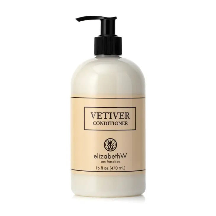 A 16 fl oz (470 mL) bottle of E Wightman & Co Vetiver Conditioner featuring a beige label with black text and accents. Infused with plant-based ingredients, the bottle has a black pump dispenser on top, and the label displays the brand name, product type, and volume in a simple, elegant font.