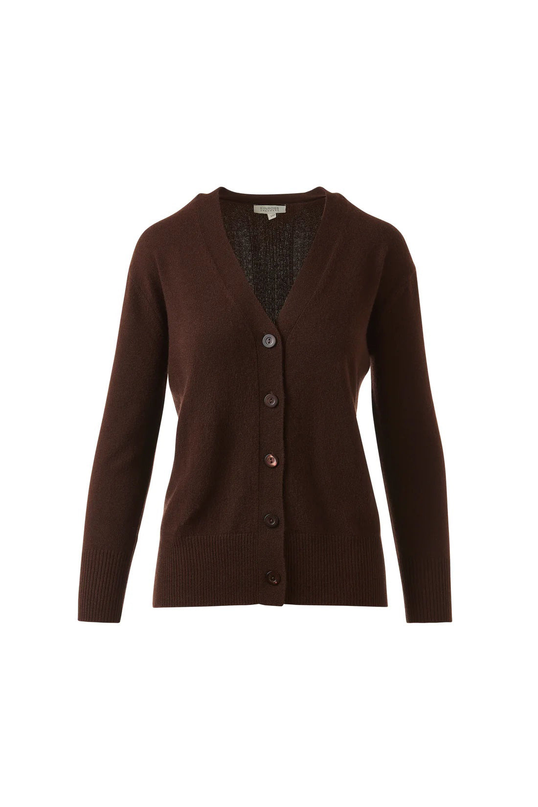 The KINROSS CASHMERE - HI LOW EASY CARDIGAN by KINROSS is a brown, long-sleeve, button-up cashmere cardigan with a V-neckline, showcased on a white background—modern luxury for women.