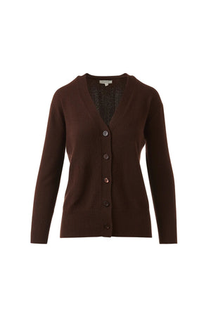 The KINROSS CASHMERE - HI LOW EASY CARDIGAN by KINROSS is a brown, long-sleeve, button-up cashmere cardigan with a V-neckline, showcased on a white background—modern luxury for women.
