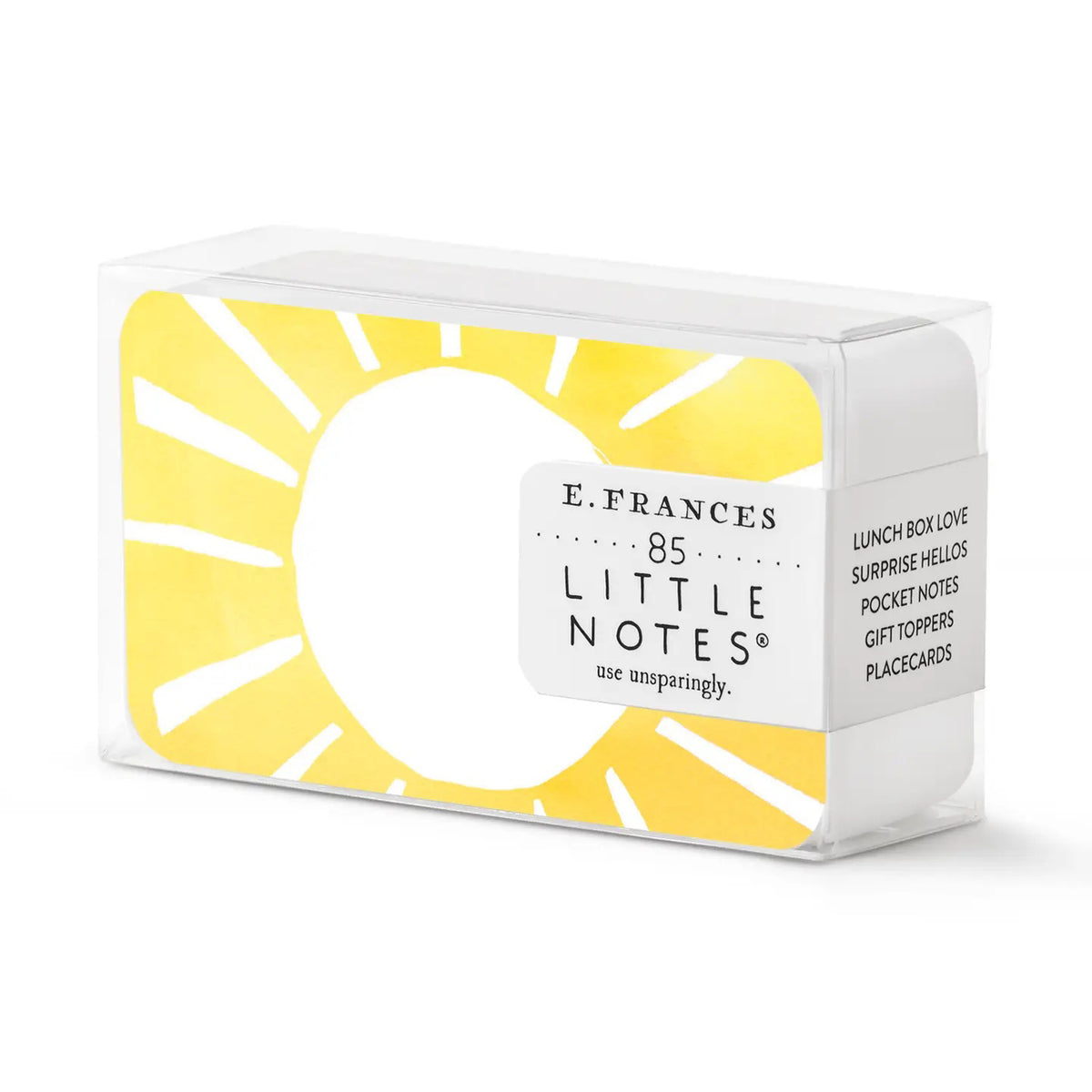 E. FRANCES PAPER’s SUNNY DAY LITTLE NOTES come in a clear plastic box with 85 small flat cards featuring a bright yellow sun and &quot;E. Frances Little Notes.&quot; Use them as lunch box love, pocket notes, or cheerful place cards for any occasion.