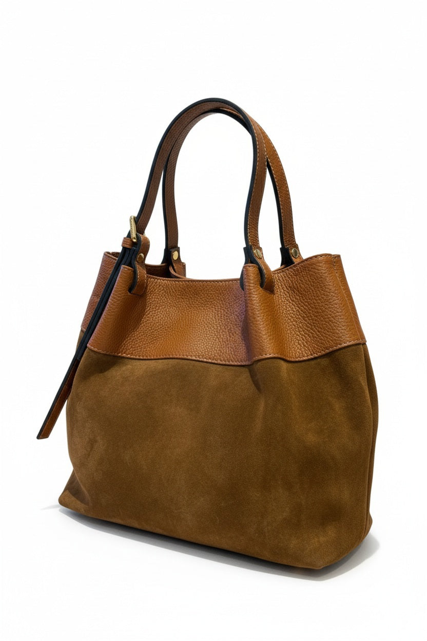 LE BORSETTE LEATHER AND SUEDE TOTE HANDBAG with a brown suede bottom, textured tan leather upper section, and two thin shoulder straps.