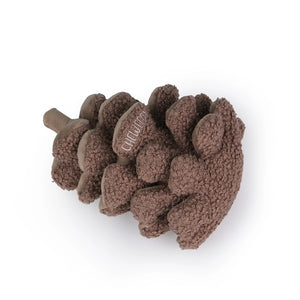 The CHEWFFON PINECONE SNUFFLE & CRINKLE DOG TOY is a plush dog toy shaped like a pinecone, featuring soft, textured brown scales and a light brown tip. Designed to engage your pet and support dental hygiene, this interactive toy is displayed against a plain white background.