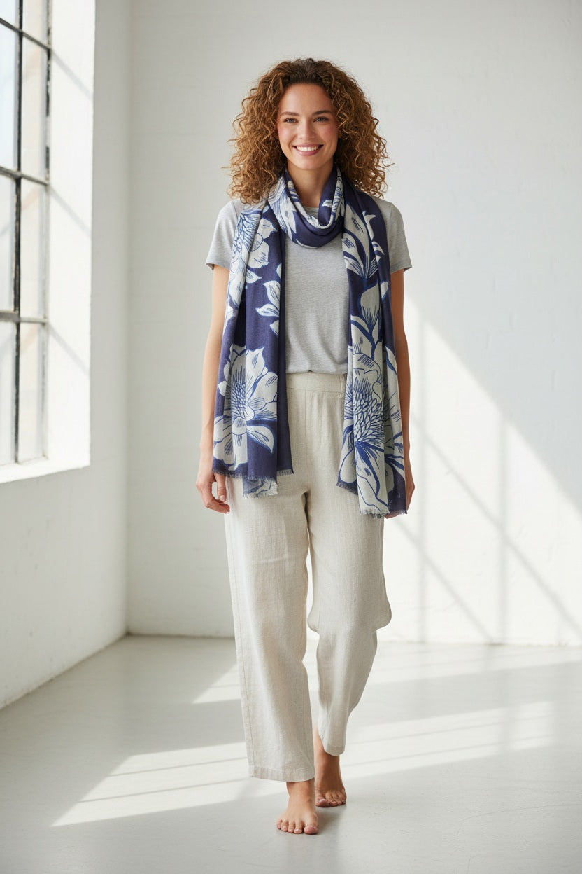 The KINROSS CASHMERE - OVERSIZED BLOOMS CASHMERE SCARF by KINROSS is a light blue cashmere scarf with a cream floral print, soft lightweight feel, and unfinished fringe edges, styled in a loop as if hung on a hook.