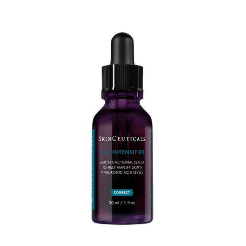 An image showing three drops of beige, lightweight, hyaluronic acid serum on a light background. Text on the image reads: &quot;At a Glance: Texture - Lightweight, serum-gel. Skin Type - Normal, Oily, Dry, Combination, Sensitive. Perfect for skin hydration.&quot; Featuring SKINCEUTICALS - HA INTENSIFIER 30M by SKIN CEUTICALS.