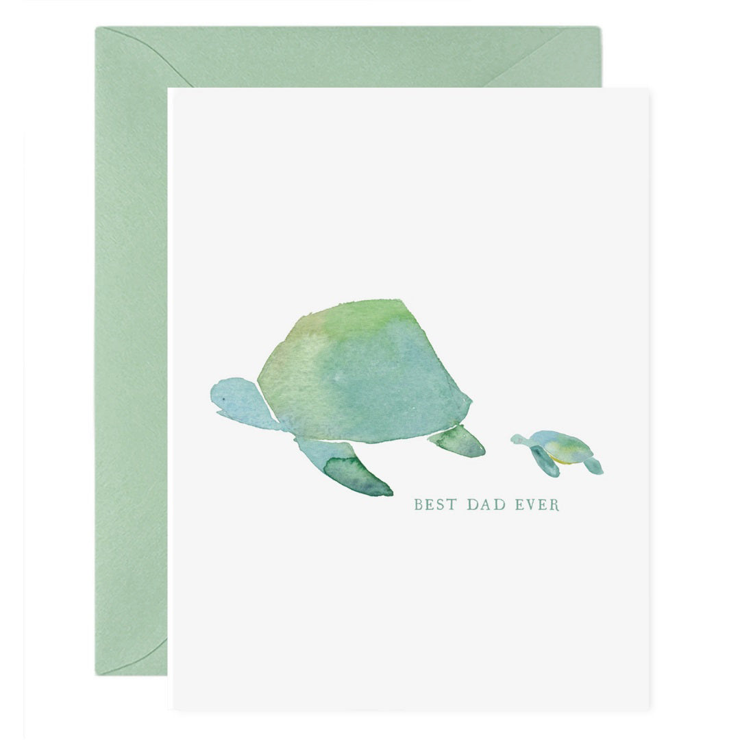 E. FRANCES PAPER's "Best Dad Ever" card showcases a watercolor of a large and small turtle on heavyweight paper, complemented by a green envelope.