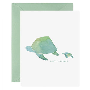 E. FRANCES PAPER's "Best Dad Ever" card showcases a watercolor of a large and small turtle on heavyweight paper, complemented by a green envelope.