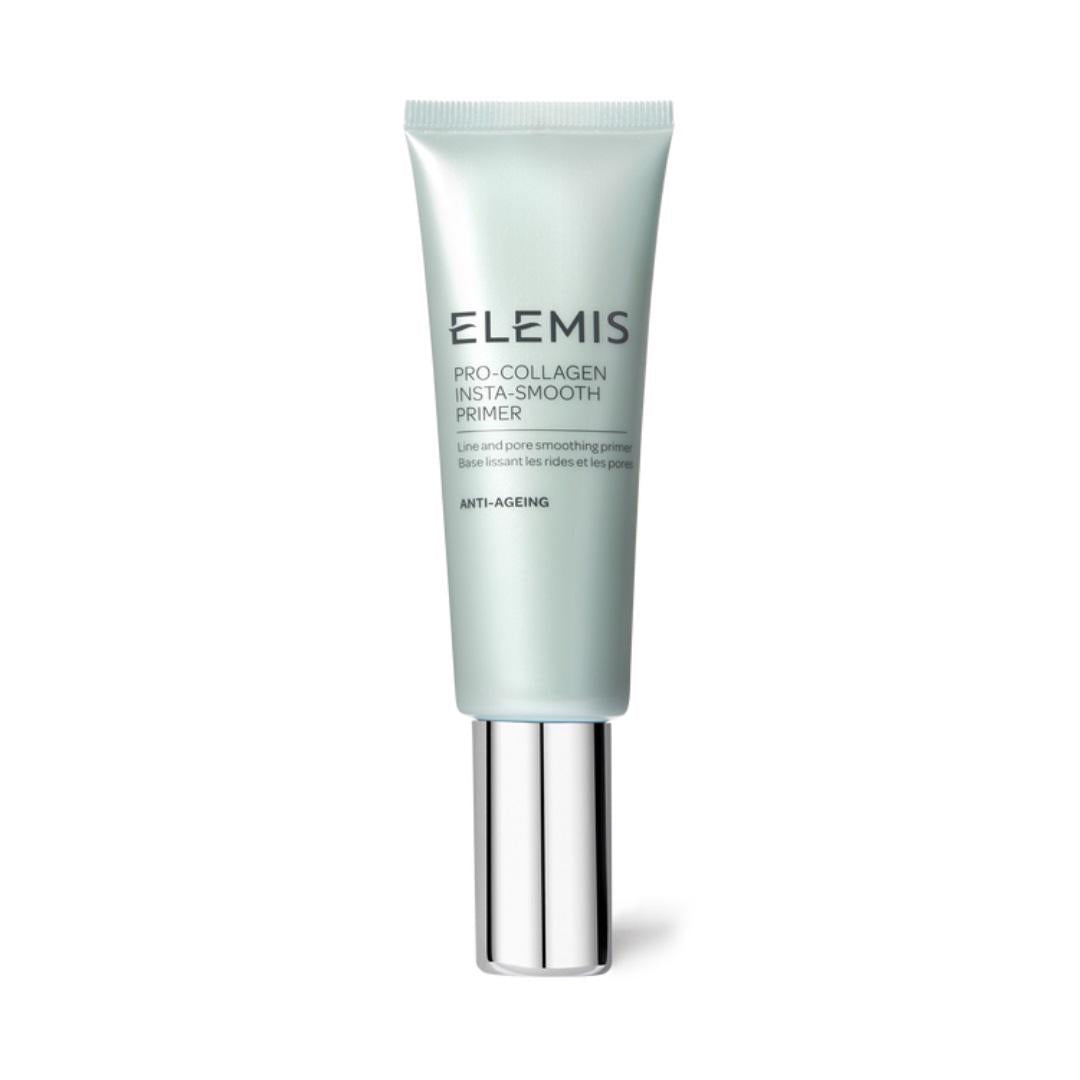 A light green tube of ELEMIS - PRO-COLLAGEN INSTA SMOOTH PRIMER by ELEMIS - STEINER with a silver cap stands upright on a white background. The label reads &quot;Line and pore smoothing primer&quot; and boasts the Cryo-Firming Complex for ultra-firming, anti-ageing effects. Branding is prominent.