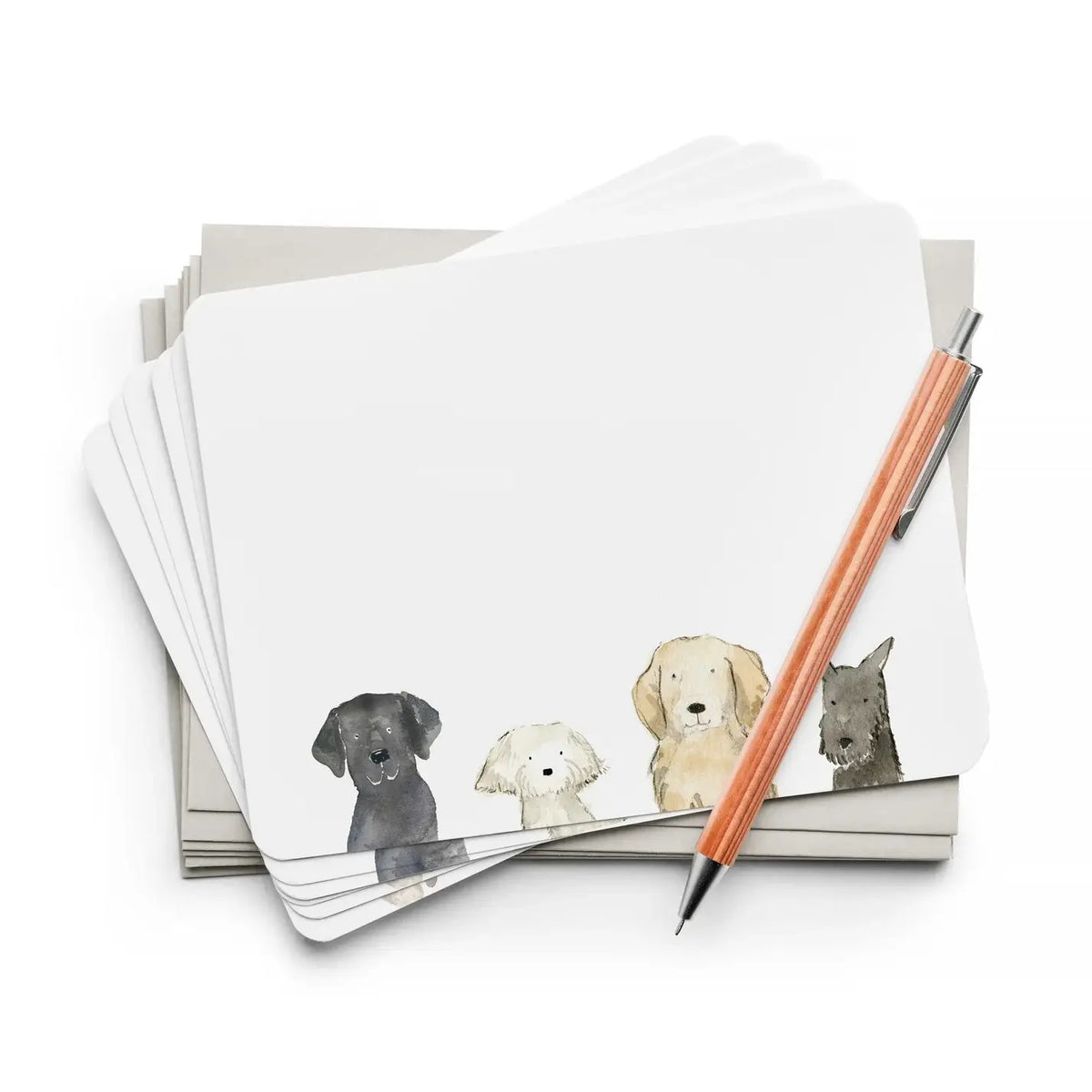 E. FRANCES PAPER - FLAT NOTES DOG DAYS includes 8 notecards and envelopes, each featuring illustrations of four distinct dog breeds with vibrant colors. The set is packaged in a light green box with a transparent lid, highlighting the charming contents.