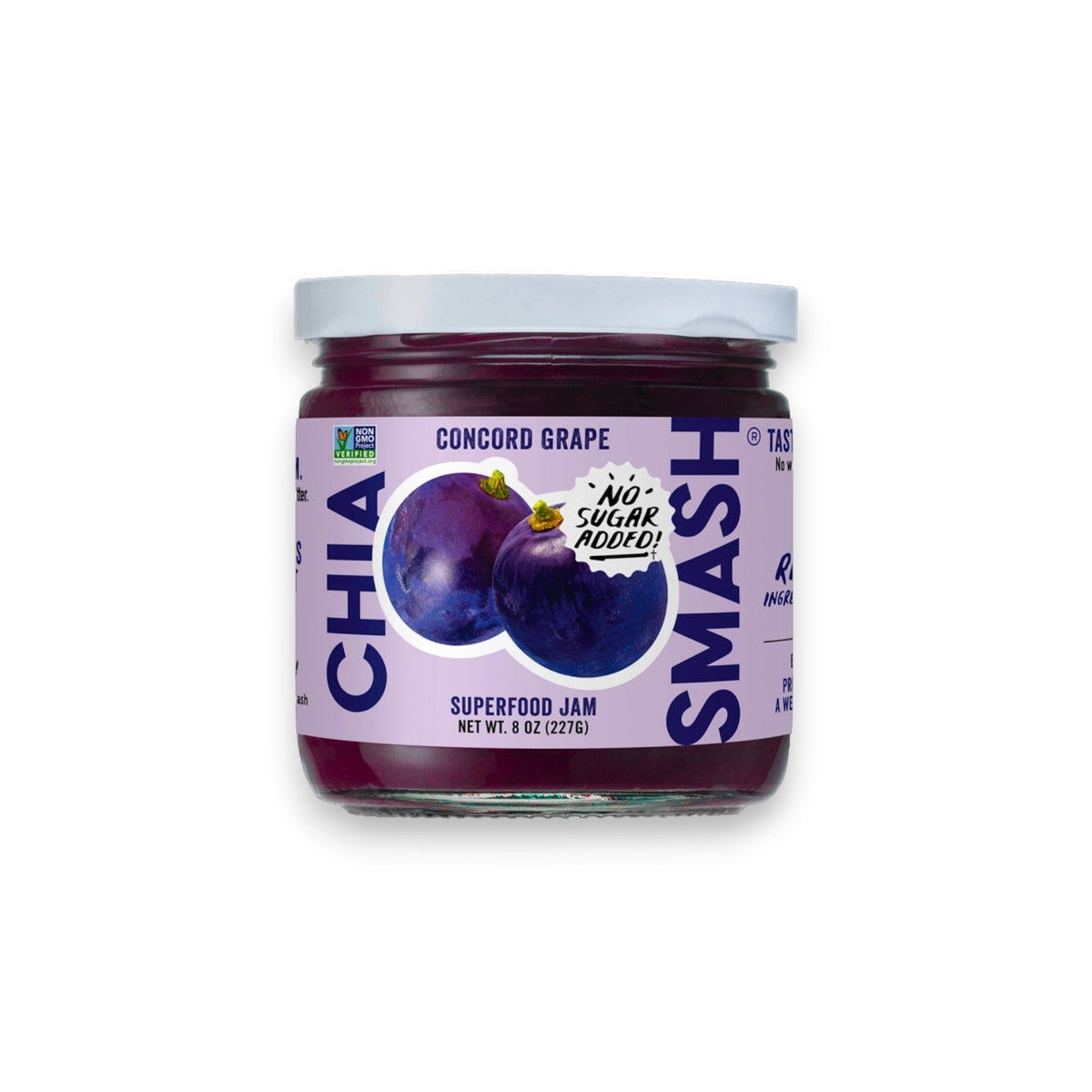 A jar of CHIA SMASH - CONCORD GRAPE CHIA JAM, made from upcycled fruit with zero added sugar, features a label depicting two grapes. The jar includes a white lid and has a net weight of 8 ounces (227 grams). The label also displays the Non-GMO Project Verified logo and emphasizes its vegan-friendly nature.